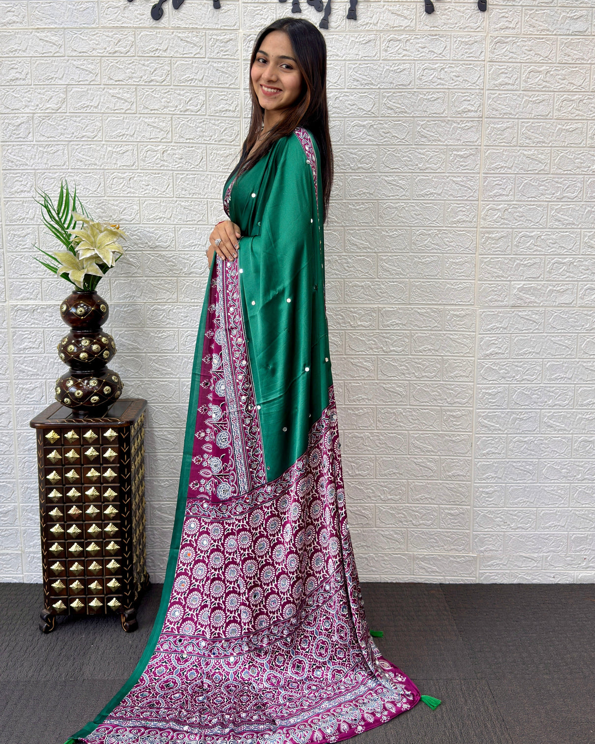 Emerald green ajrakh printed modal silk saree with designer pallu tassels traditional ethnic festive office wear saree