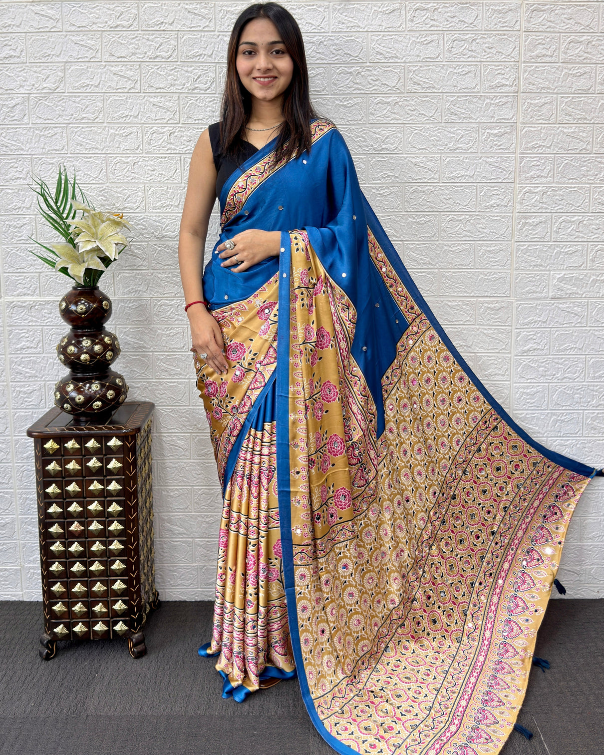 Royal blue modal silk saree with beige floral printed designer pallu tassels festive office wear traditional ethnic saree mameraa