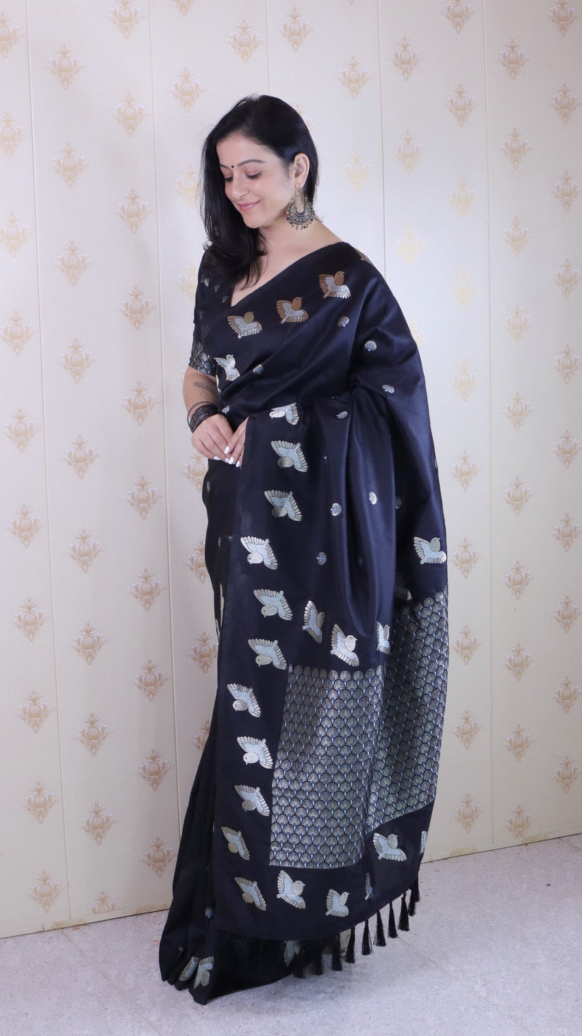 Black soft silk dual zari woven saree with bird border