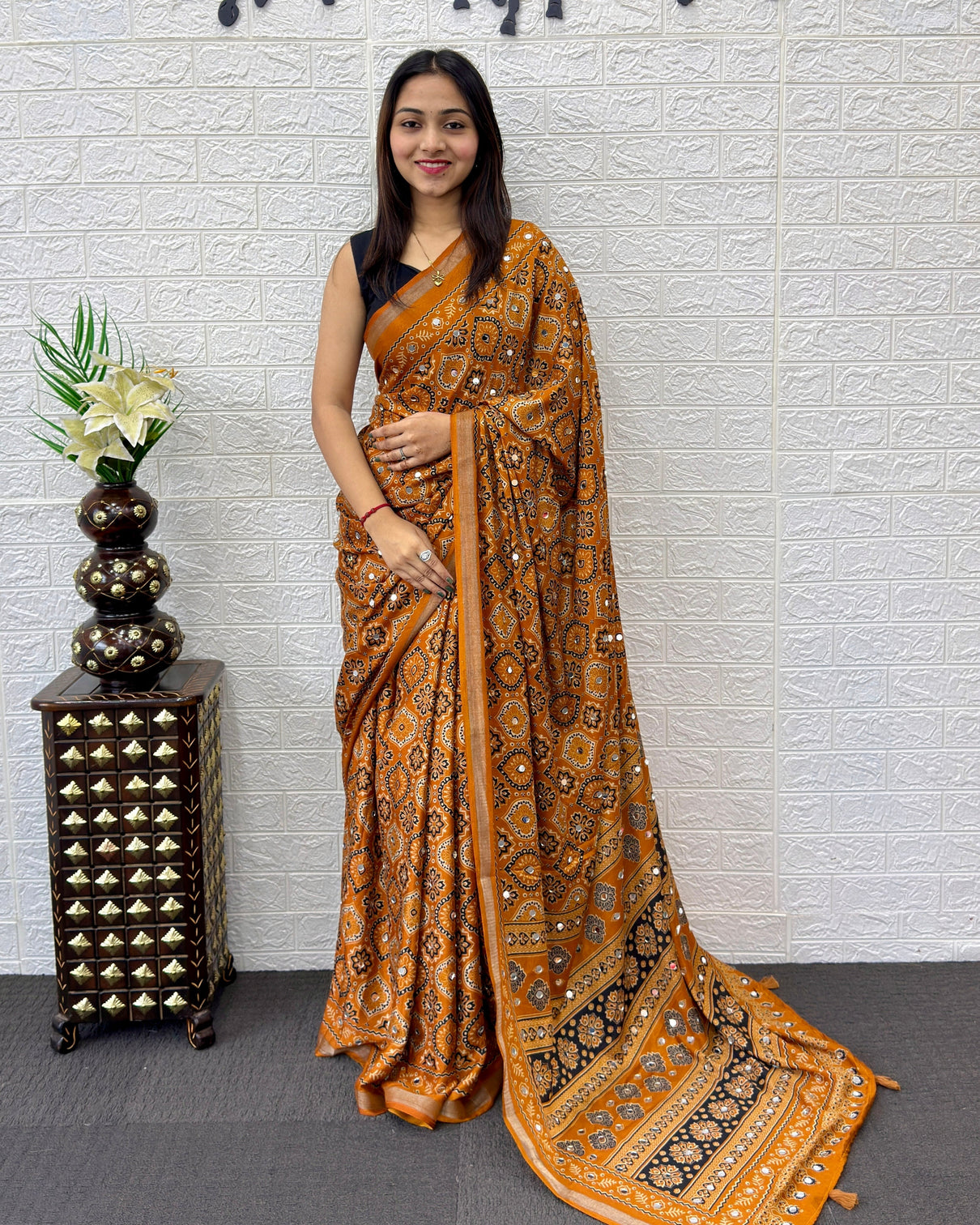 Mustard orange modal silk saree with traditional ajrakh print designer pallu ethnic festive cultural wear saree mameraa