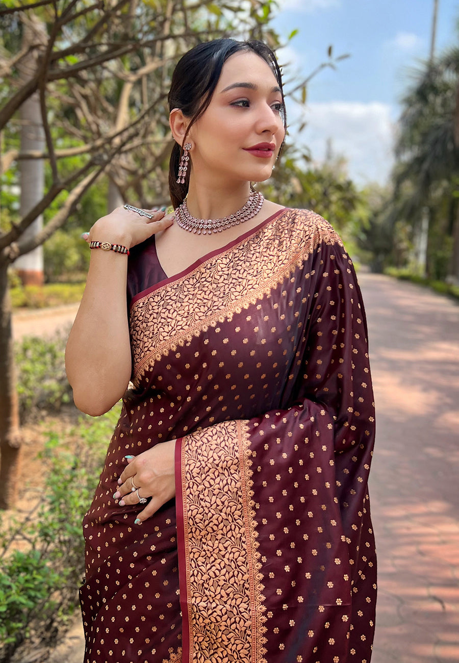 Maroon katan silk banarasi saree with regal zari jaal design