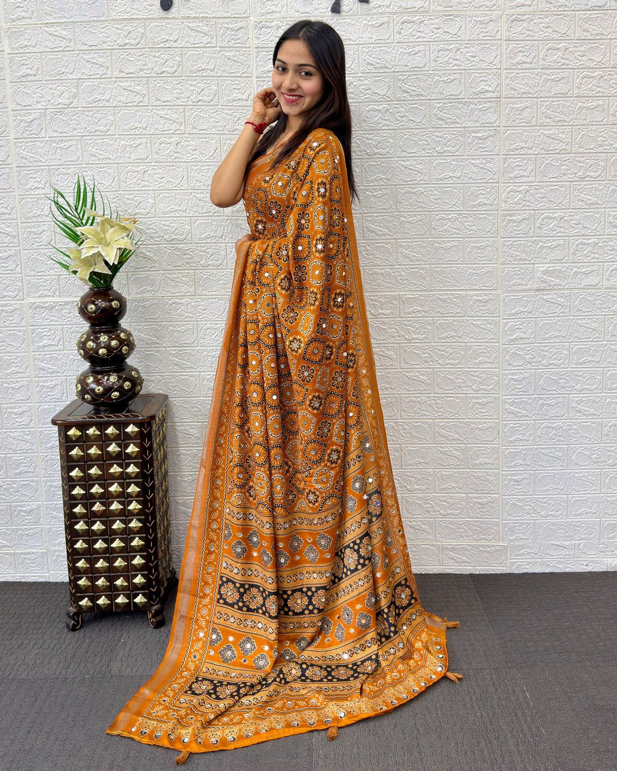 Mustard orange modal silk saree with traditional ajrakh print designer pallu ethnic festive cultural wear saree