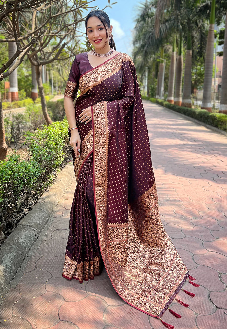 Maroon katan silk banarasi saree with regal zari jaal design