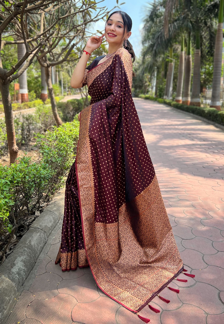 Maroon katan silk banarasi saree with regal zari jaal design