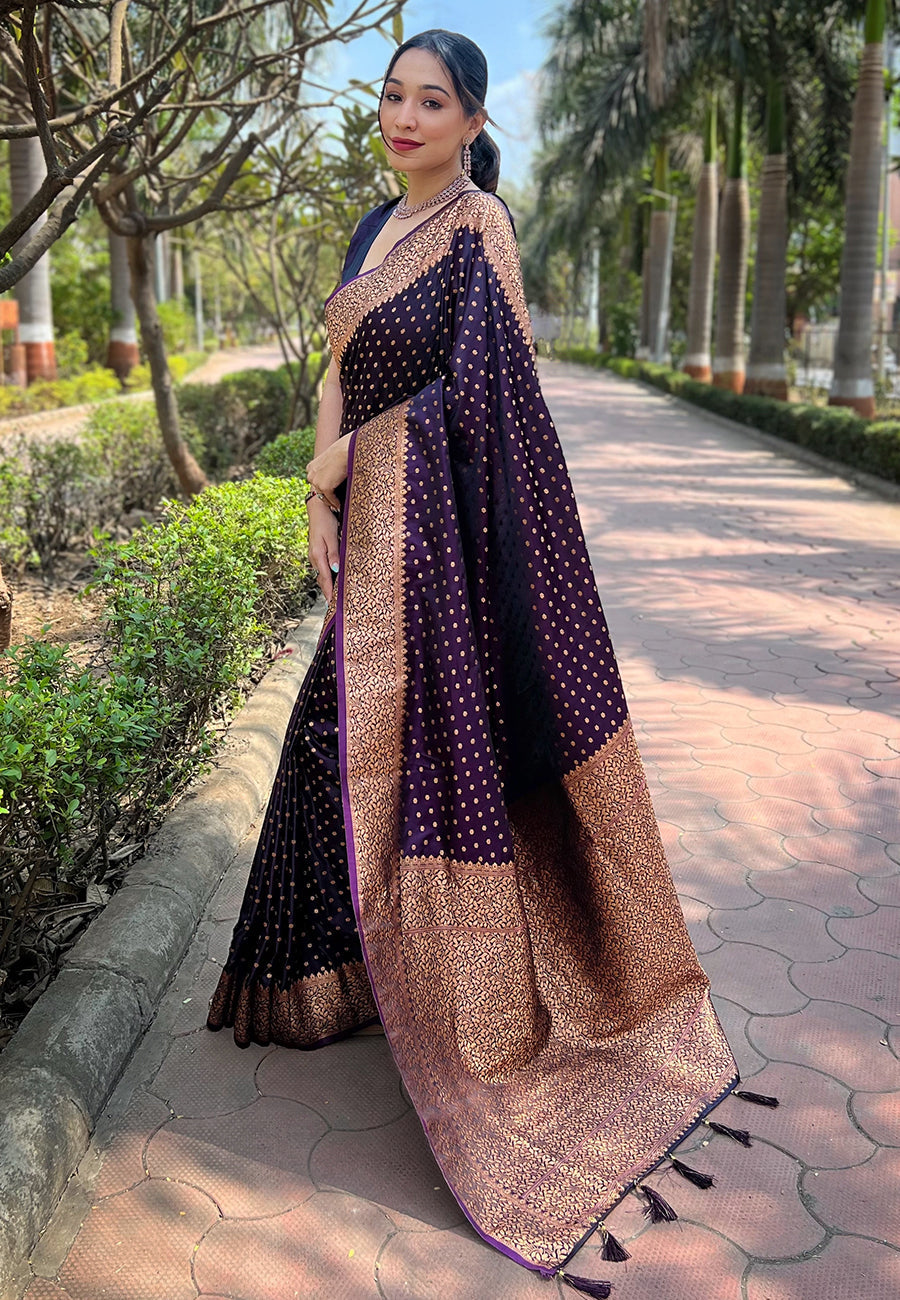 Wine banarasi katan silk zari woven saree