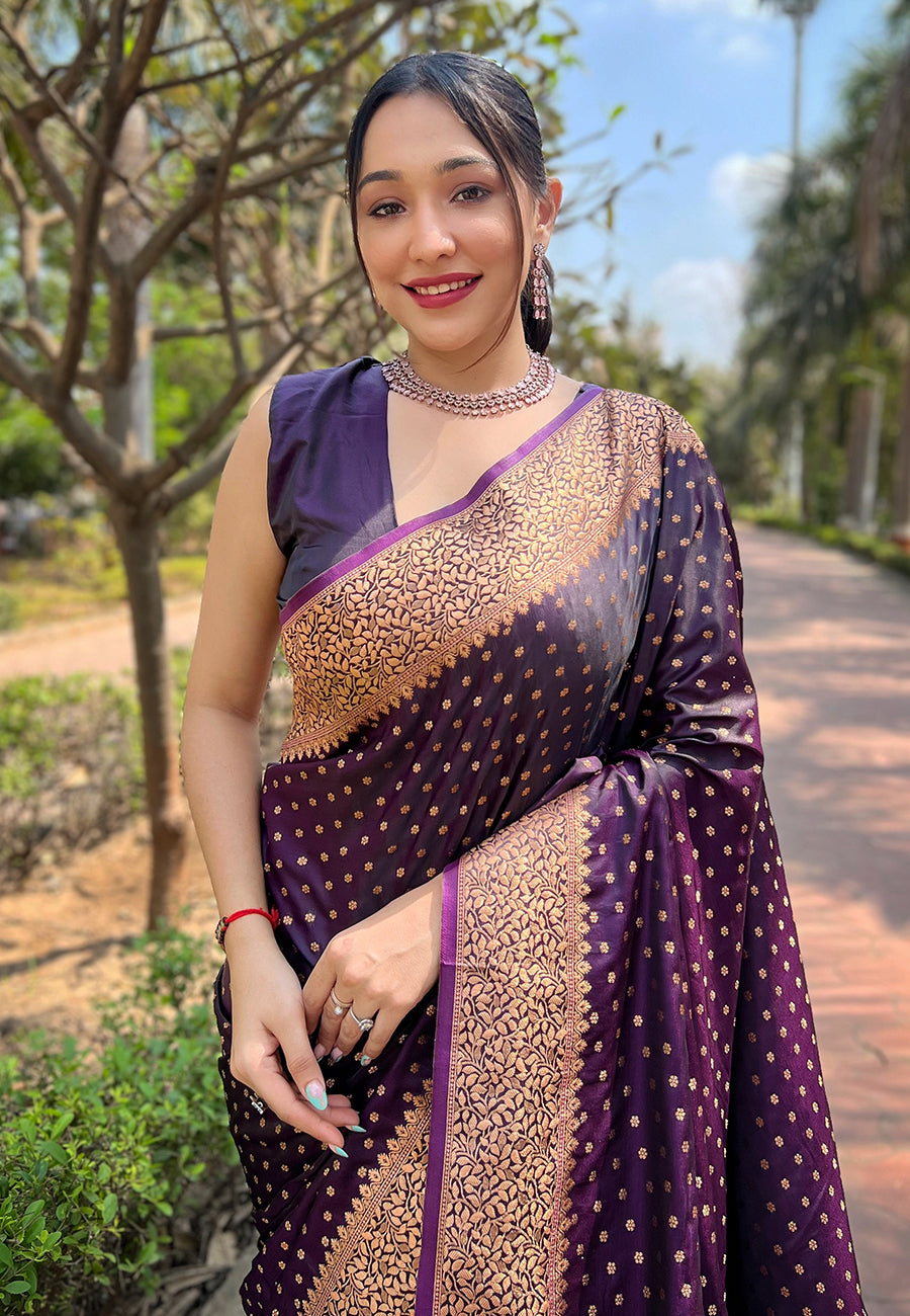 Wine banarasi katan silk zari woven saree
