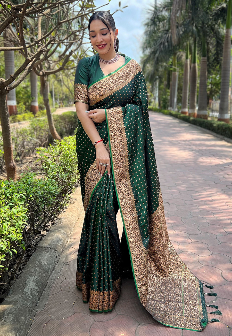 Dark green royal banarasi katan silk saree with all over zari jaal weaving