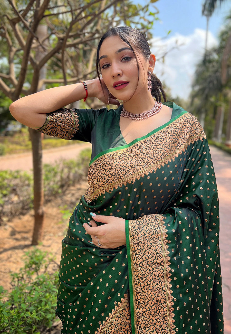 Dark green royal banarasi katan silk saree with all over zari jaal weaving