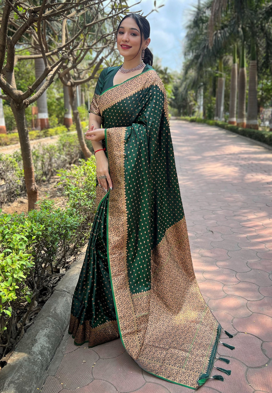 Dark green royal banarasi katan silk saree with all over zari jaal weaving