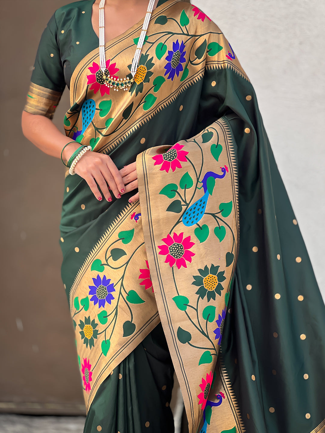 Bottle green big border paithani silk zari woven saree