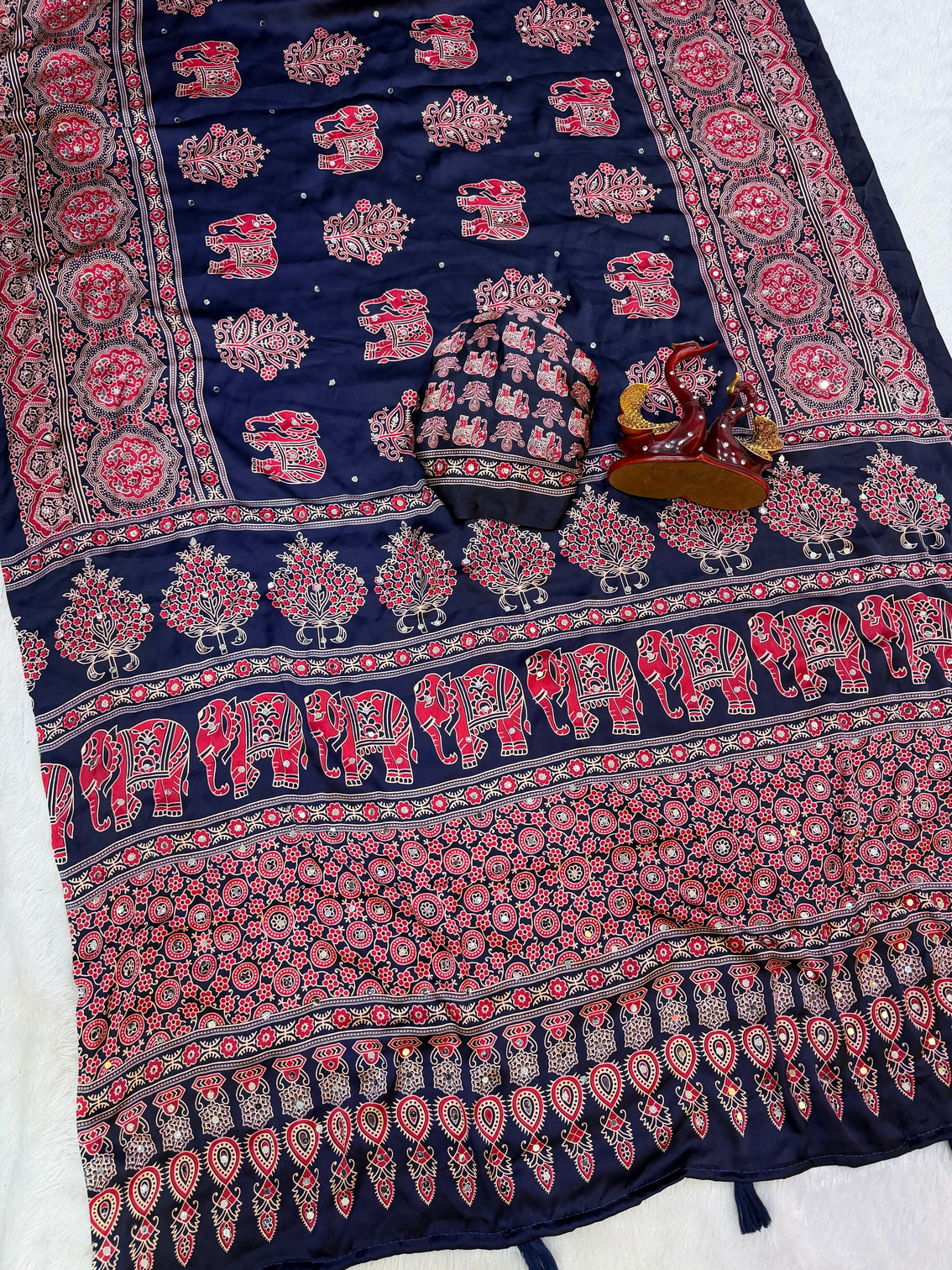 Navy blue modal silk saree with elephant motif ajrakh print heritage designer pallu traditional festive wear saree
