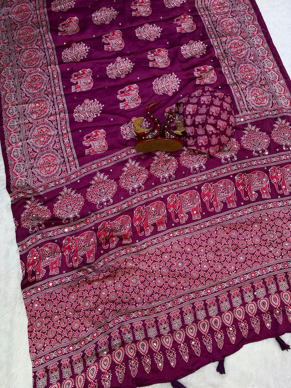 Plum purple modal silk saree with elephant motif print heritage designer pallu traditional festive wear saree