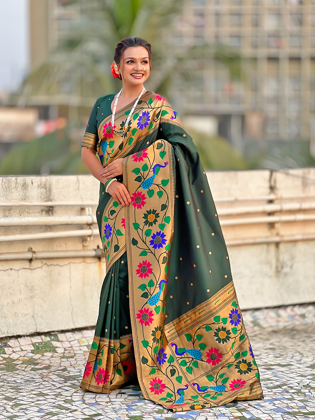 Bottle green big border paithani silk zari woven saree