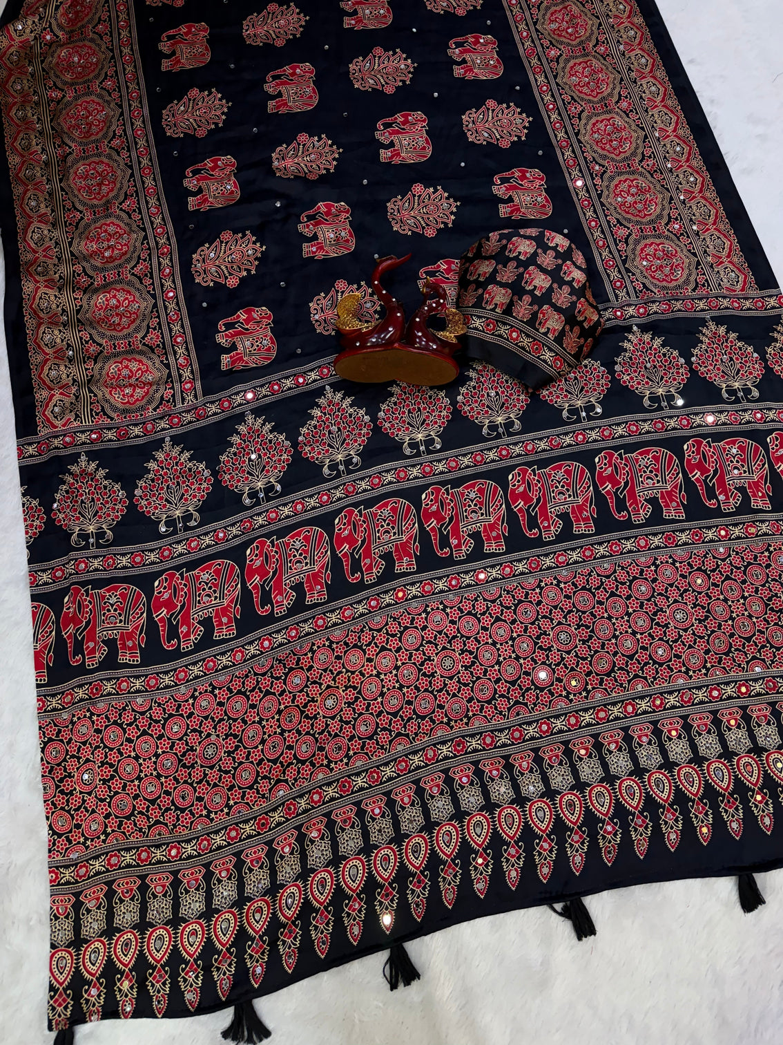 Black modal silk saree with elephant motif ajrakh print heritage designer pallu traditional festive wear saree