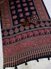 Black modal silk saree with elephant motif ajrakh print heritage designer pallu traditional festive wear saree