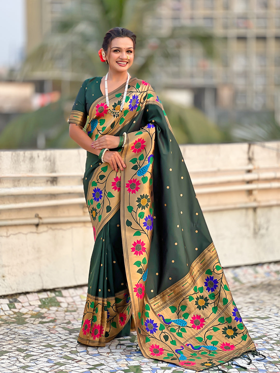 Bottle green big border paithani silk zari woven saree