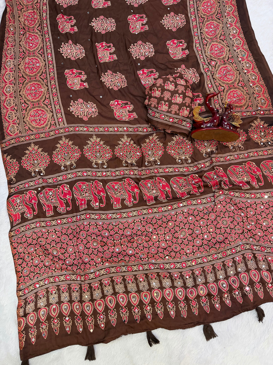 Chocolate brown modal silk saree with elephant motif heritage print designer pallu traditional festive wear saree