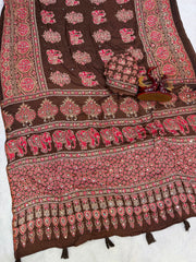 Chocolate brown modal silk saree with elephant motif heritage print designer pallu traditional festive wear saree