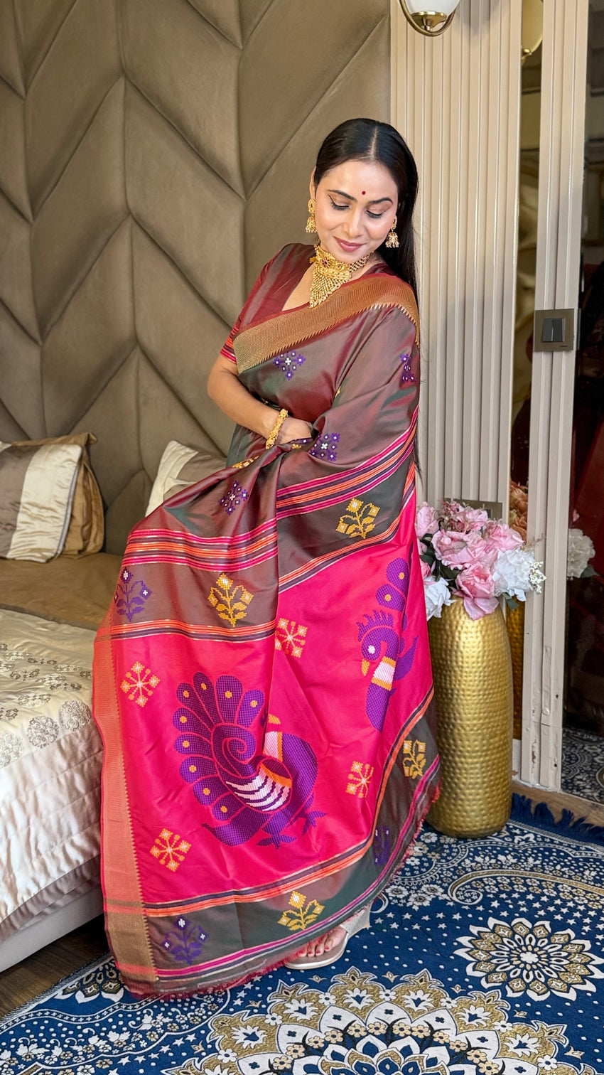 Coffee soft silk ikkat patola saree with meenakari motifs peacock pallu and gold zari border
