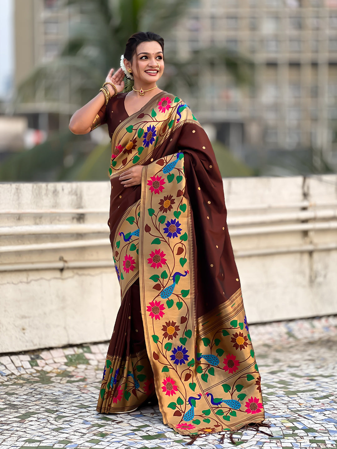 Coffee big border paithani silk zari woven saree