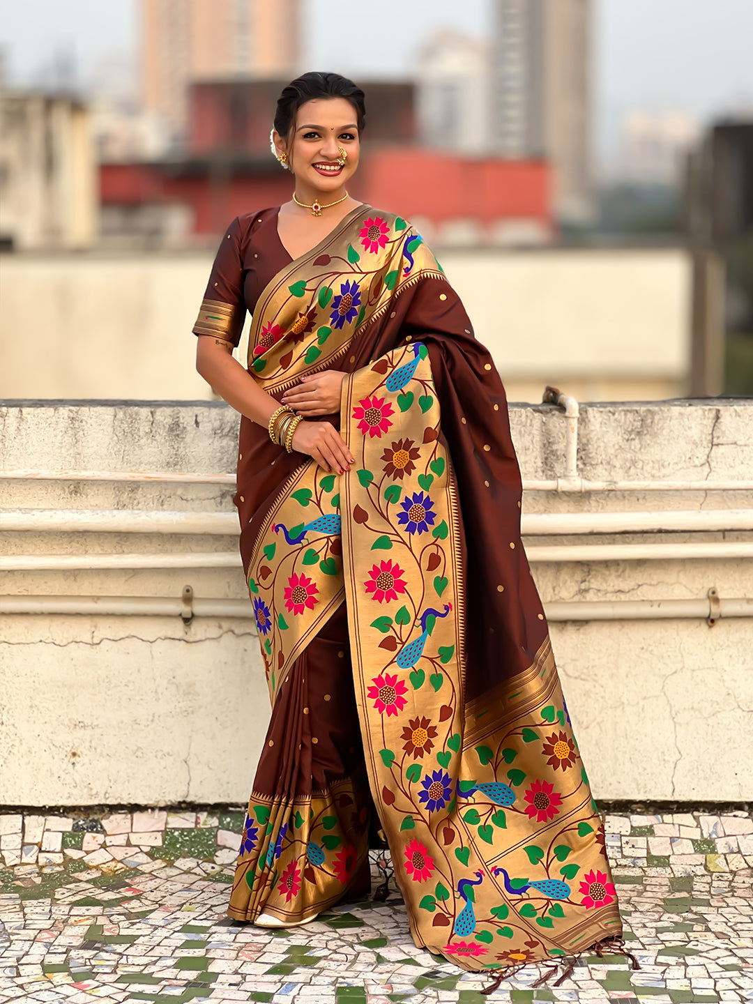 Coffee big border paithani silk zari woven saree