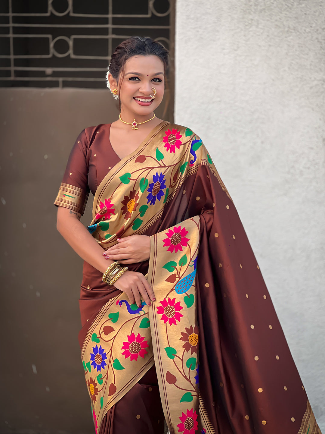 Coffee big border paithani silk zari woven saree