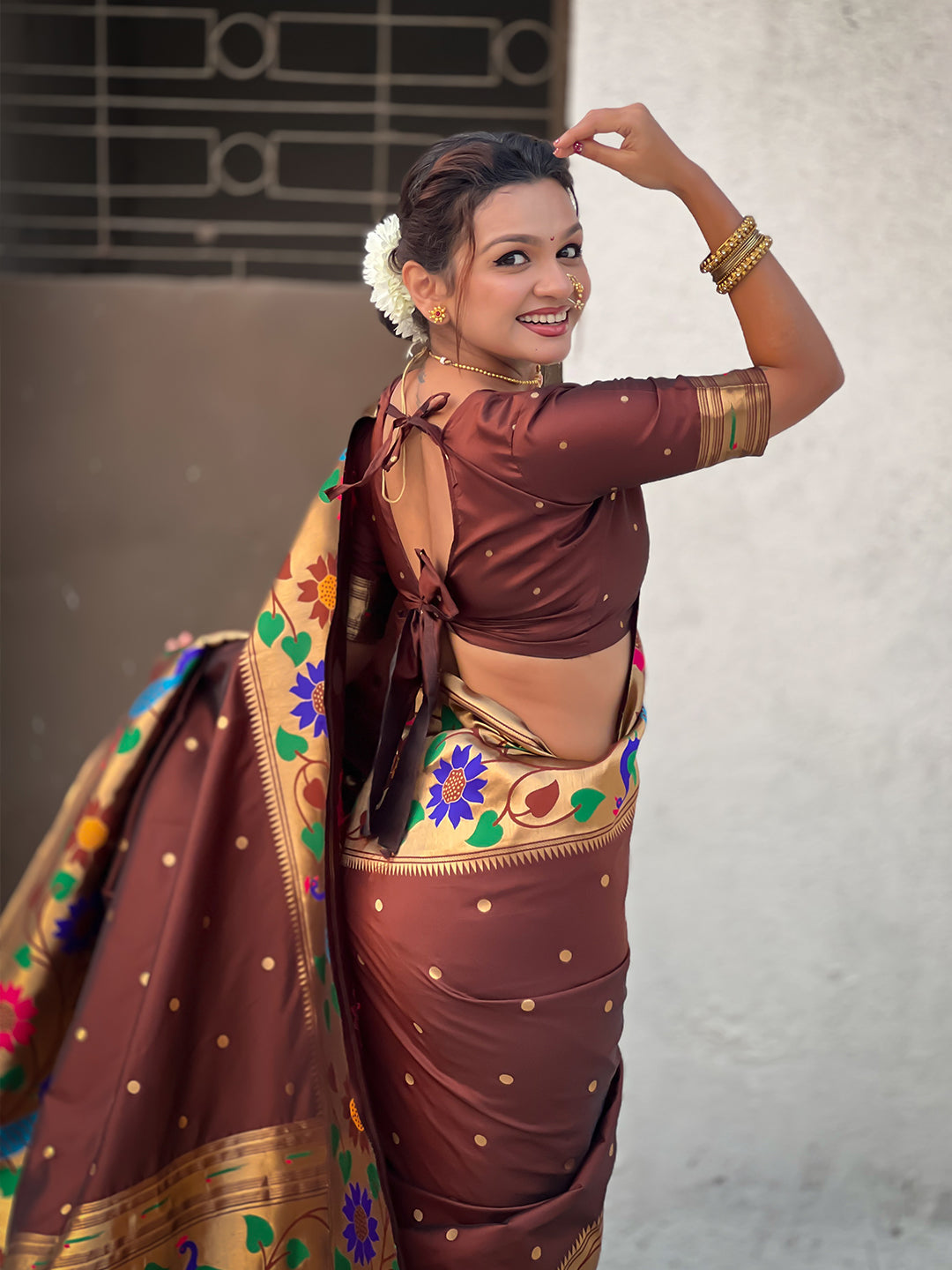 Coffee big border paithani silk zari woven saree
