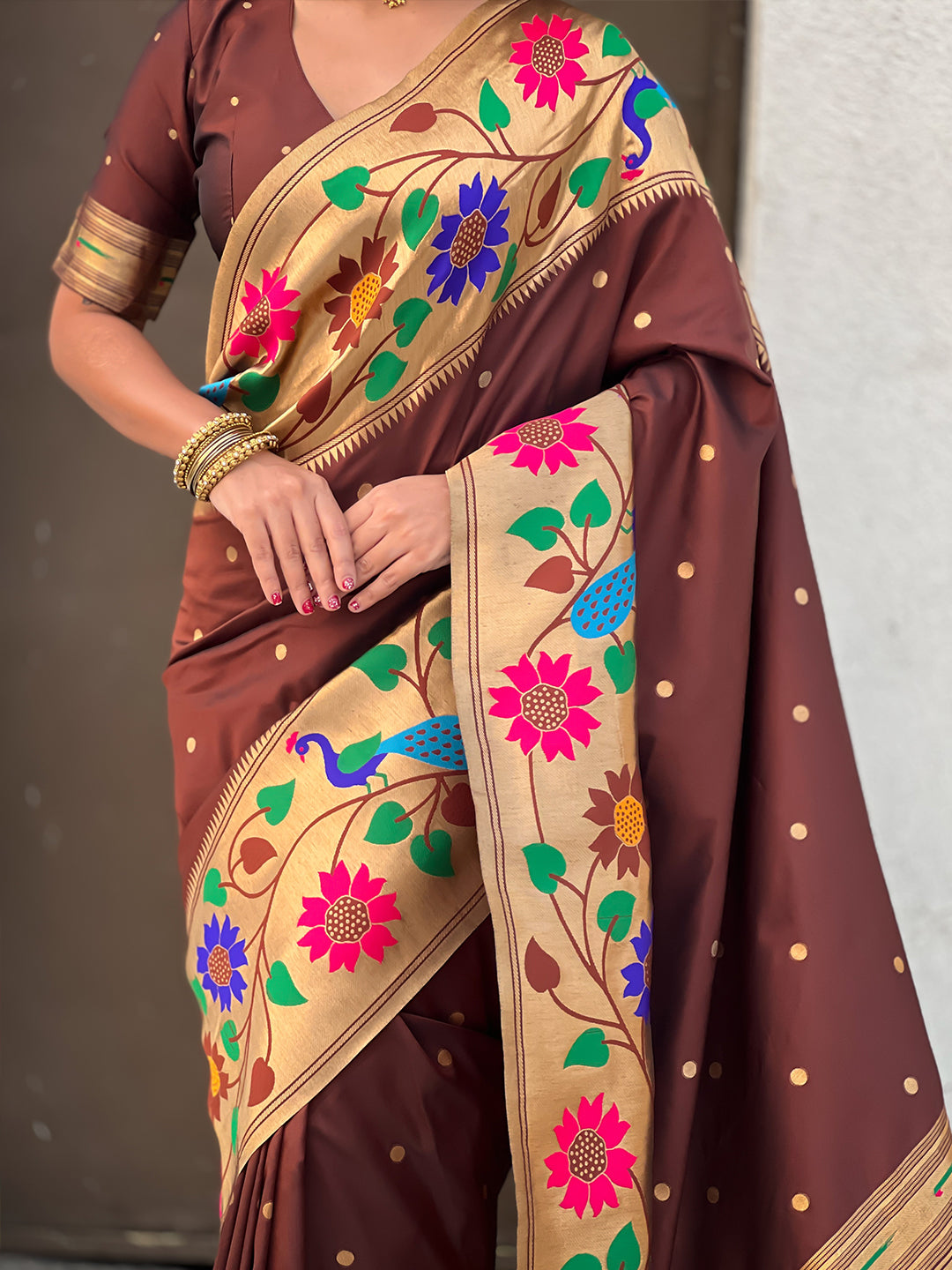 Coffee big border paithani silk zari woven saree