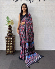 Black modal silk saree with geometric floral print heritage designer pallu festive party wear saree