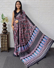 Black modal silk saree with geometric floral print heritage designer pallu festive party wear saree mameraa