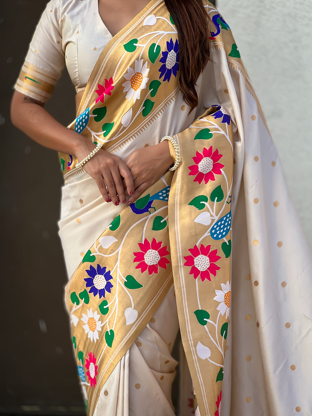 Cream big border paithani silk zari woven saree