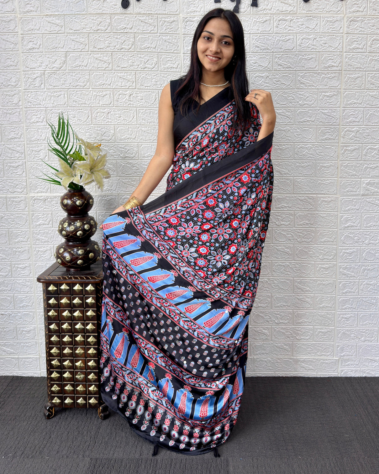 Black modal silk saree with geometric floral print heritage designer pallu festive party wear saree