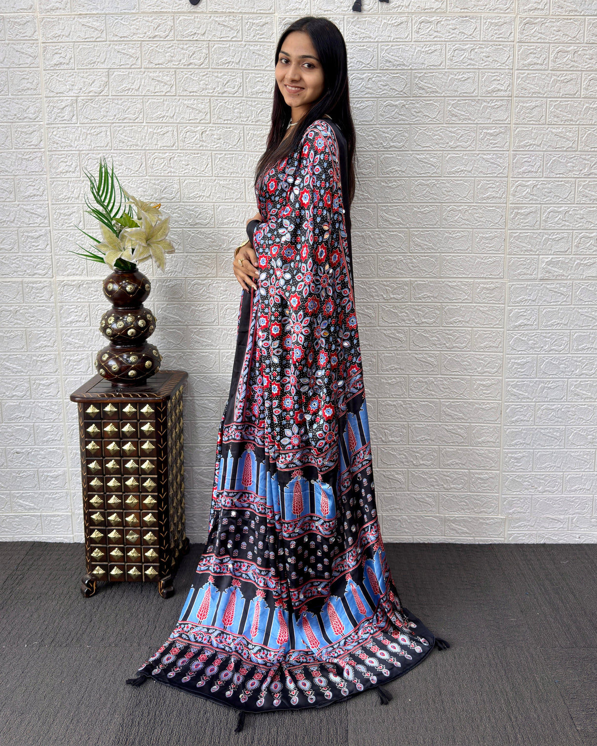 Black modal silk saree with geometric floral print heritage designer pallu festive party wear saree