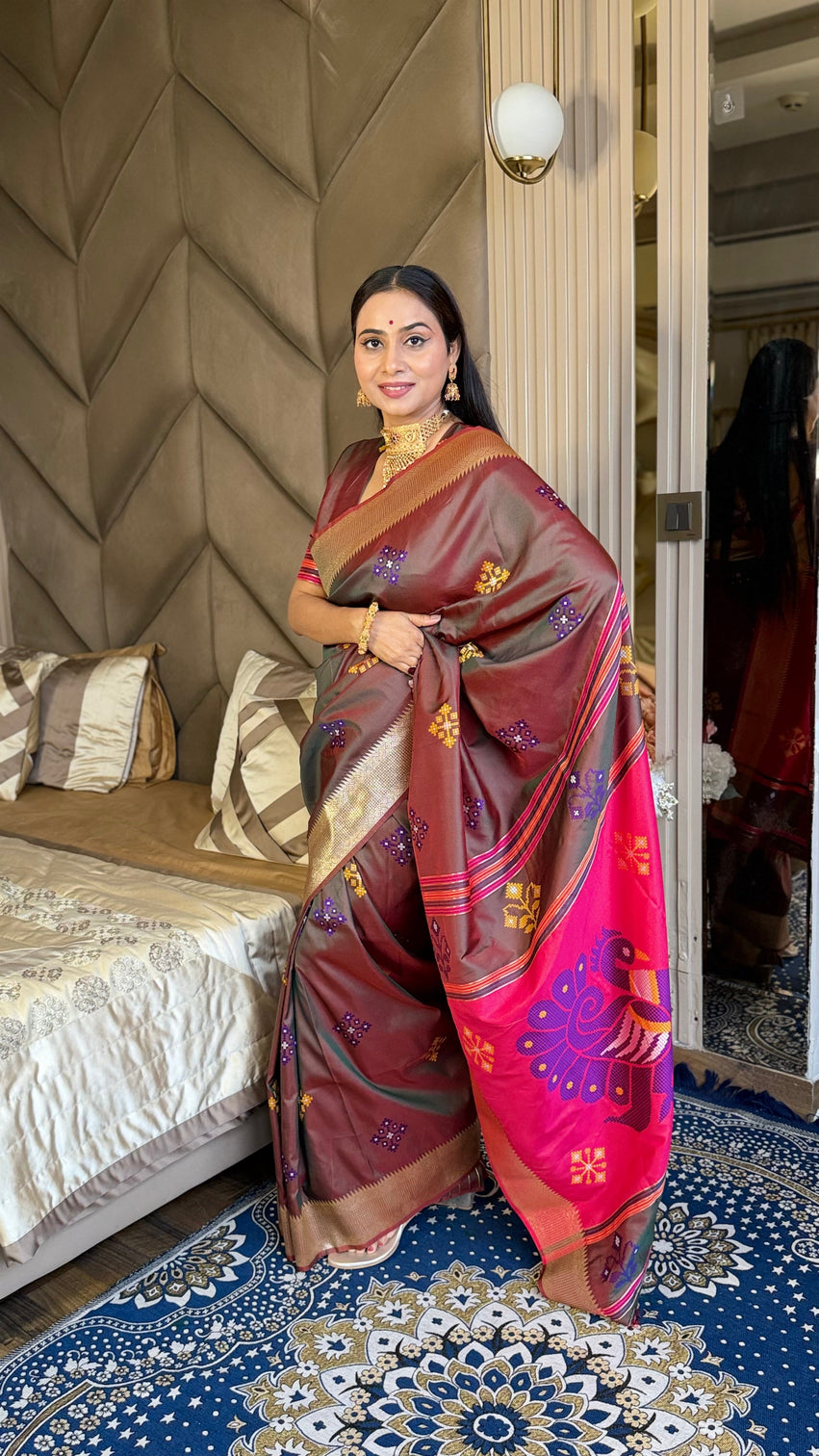 Coffee soft silk ikkat patola saree with meenakari motifs peacock pallu and gold zari border