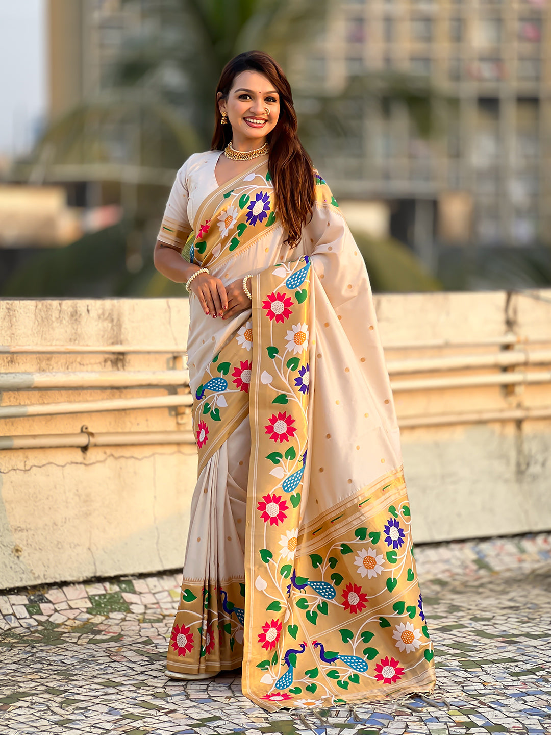 Cream big border paithani silk zari woven saree