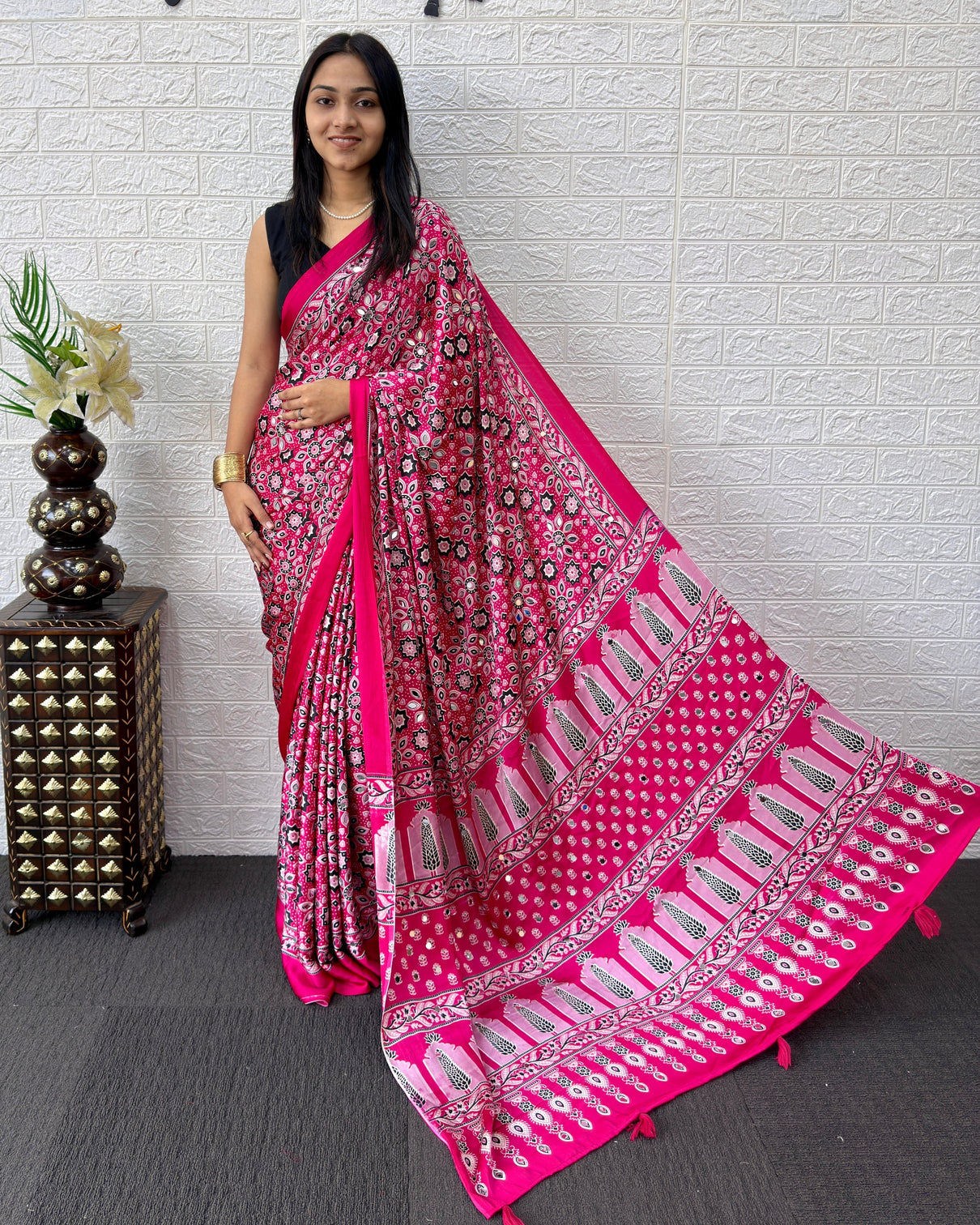 Rani pink modal silk saree with geometric floral print heritage designer pallu festive party wear saree mameraa