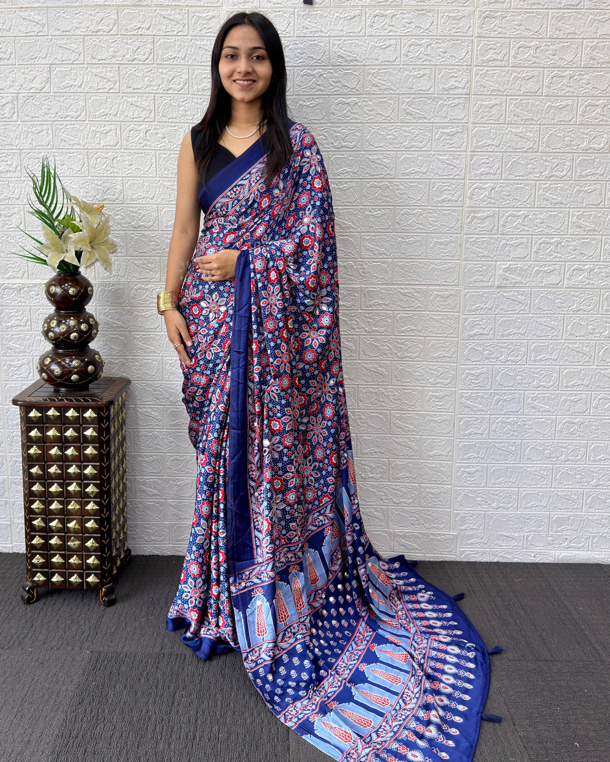 Royal blue modal silk saree with geometric floral print heritage designer pallu festive party wear saree