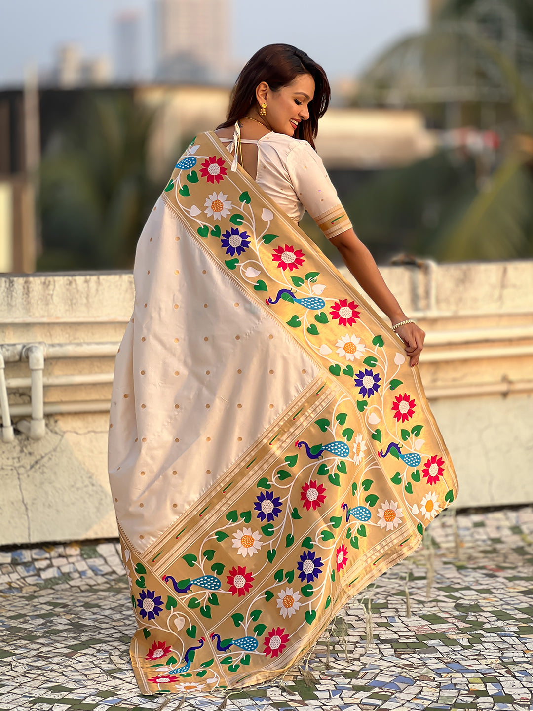 Cream big border paithani silk zari woven saree