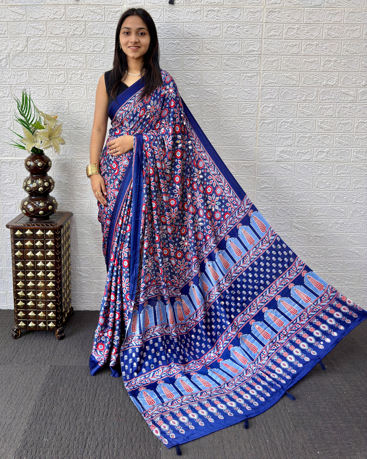 Royal blue modal silk saree with geometric floral print heritage designer pallu festive party wear saree mameraa