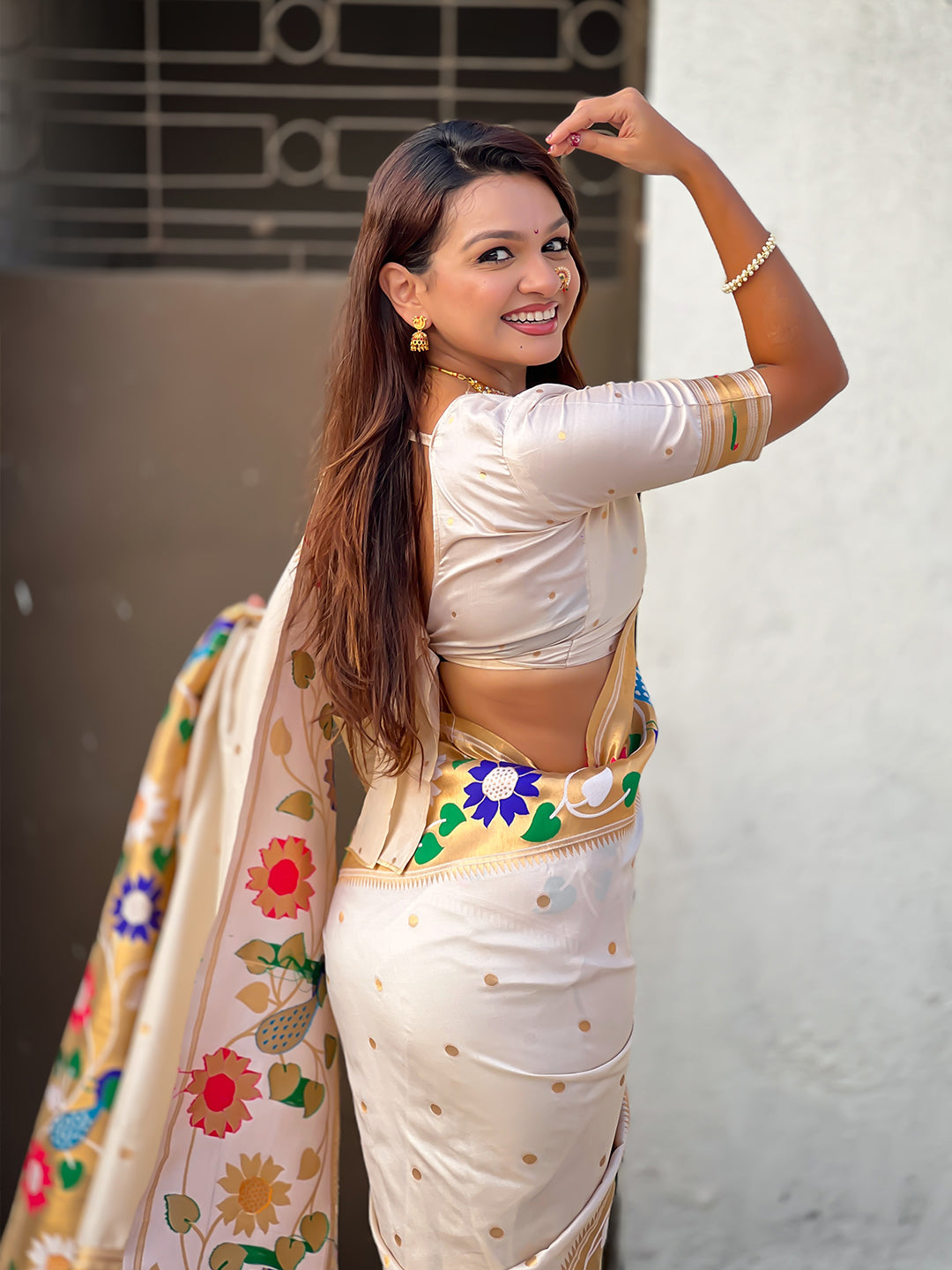Cream big border paithani silk zari woven saree