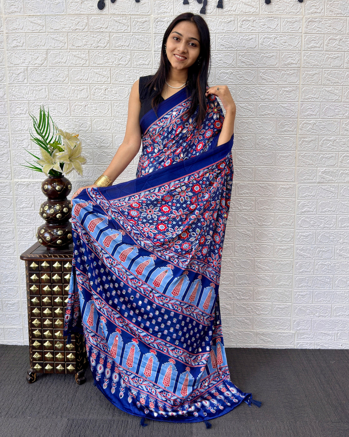 Royal blue modal silk saree with geometric floral print heritage designer pallu festive party wear saree