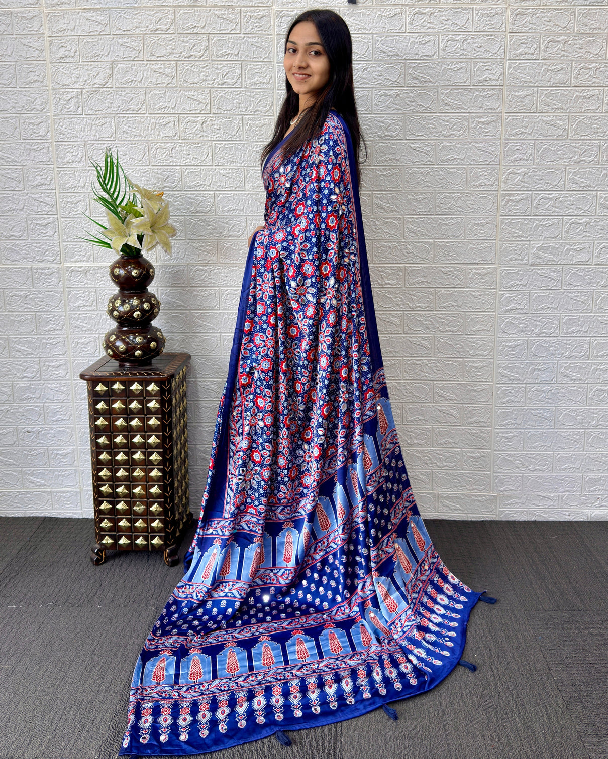 Royal blue modal silk saree with geometric floral print heritage designer pallu festive party wear saree