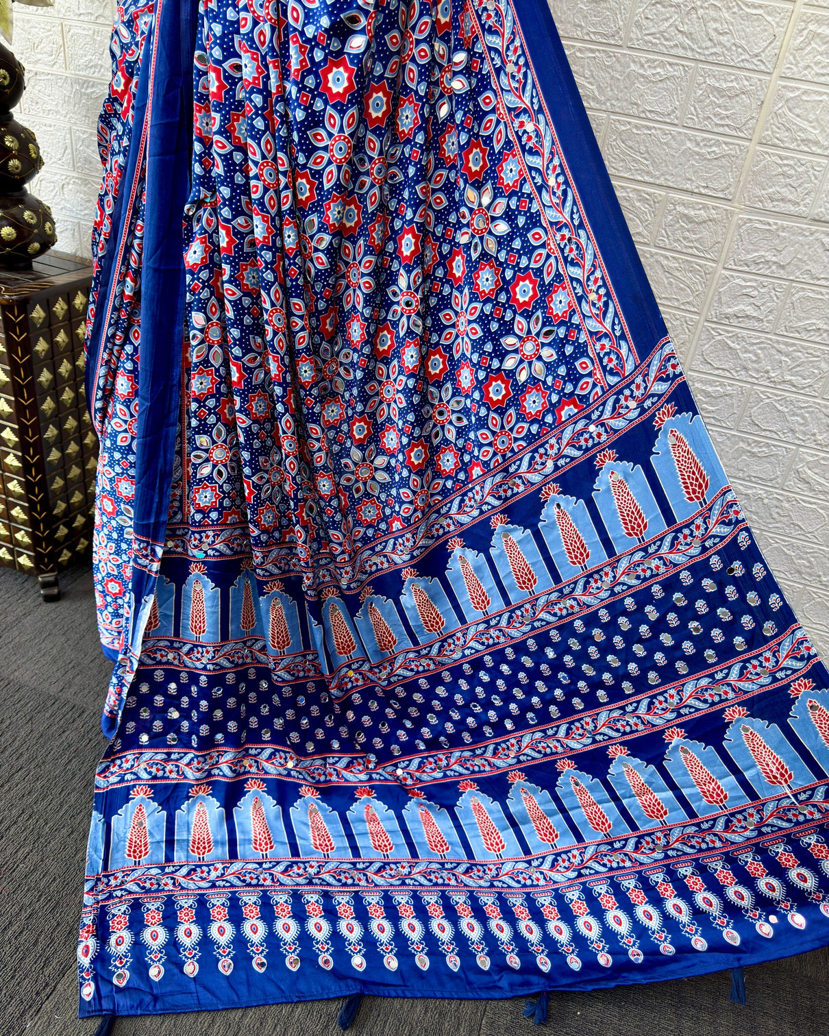 Royal blue modal silk saree with geometric floral print heritage designer pallu festive party wear saree