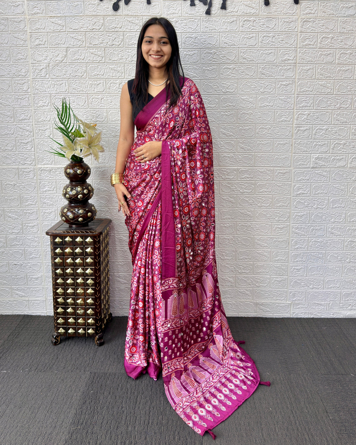 Purple pink modal silk saree with geometric floral print heritage designer pallu festive party wear saree