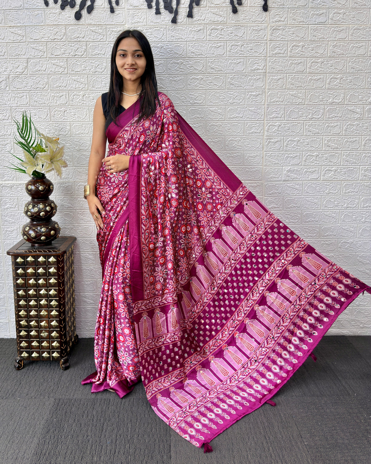 Purple pink modal silk saree with geometric floral print heritage designer pallu festive party wear saree mameraa