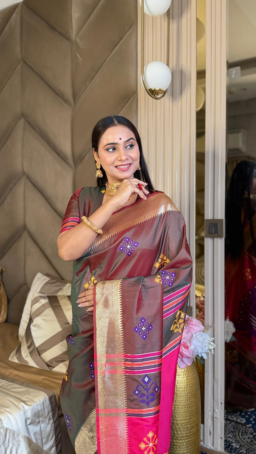 Coffee soft silk ikkat patola saree with meenakari motifs peacock pallu and gold zari border