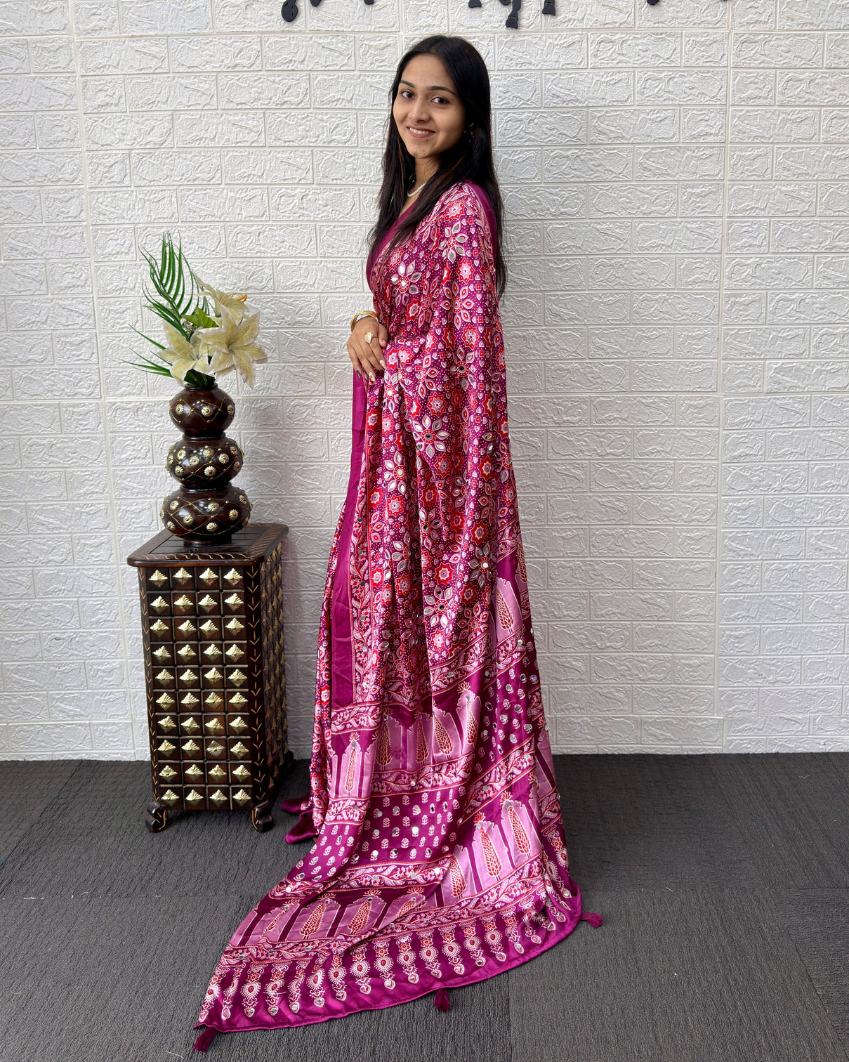 Purple pink modal silk saree with geometric floral print heritage designer pallu festive party wear saree
