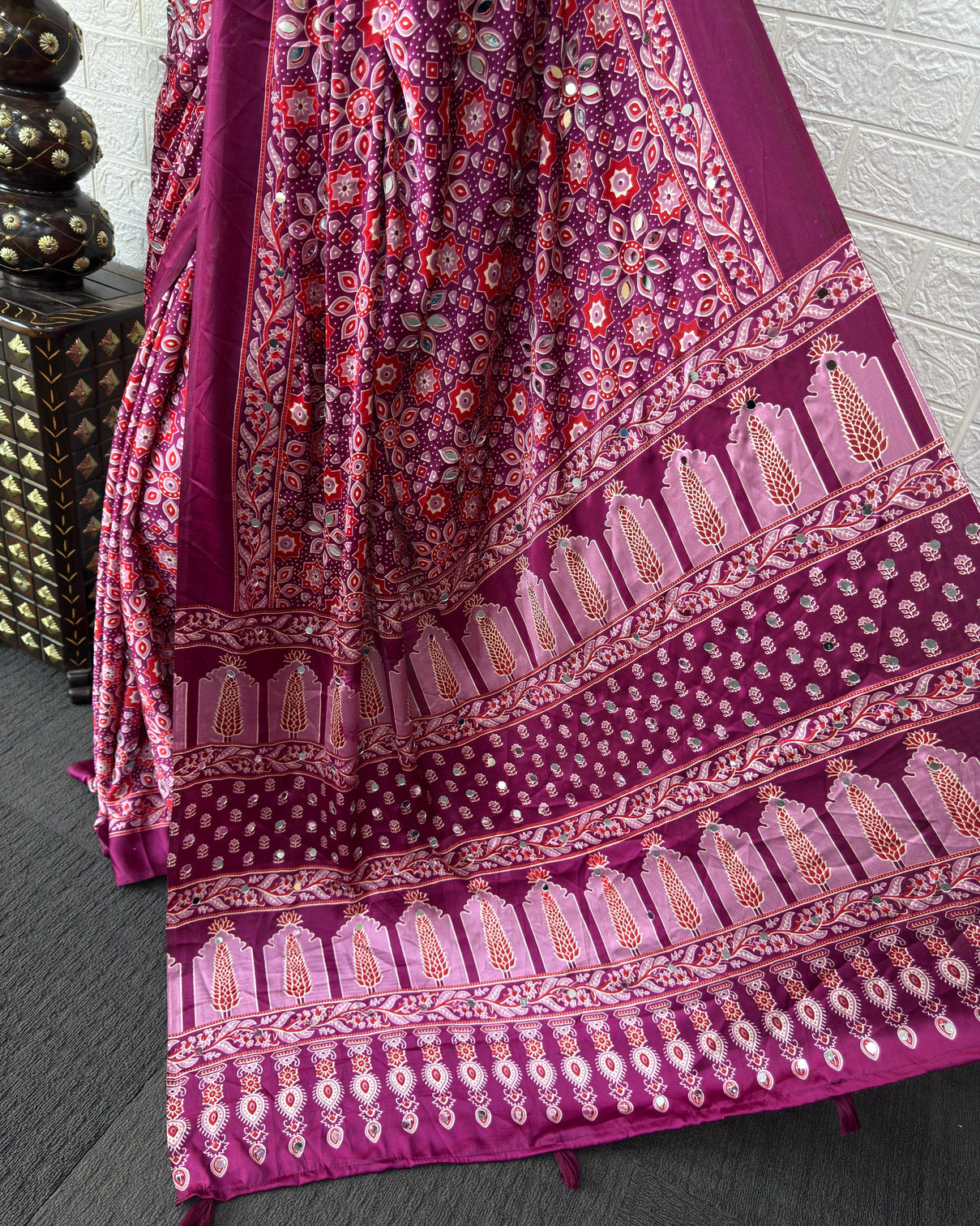 Purple pink modal silk saree with geometric floral print heritage designer pallu festive party wear saree