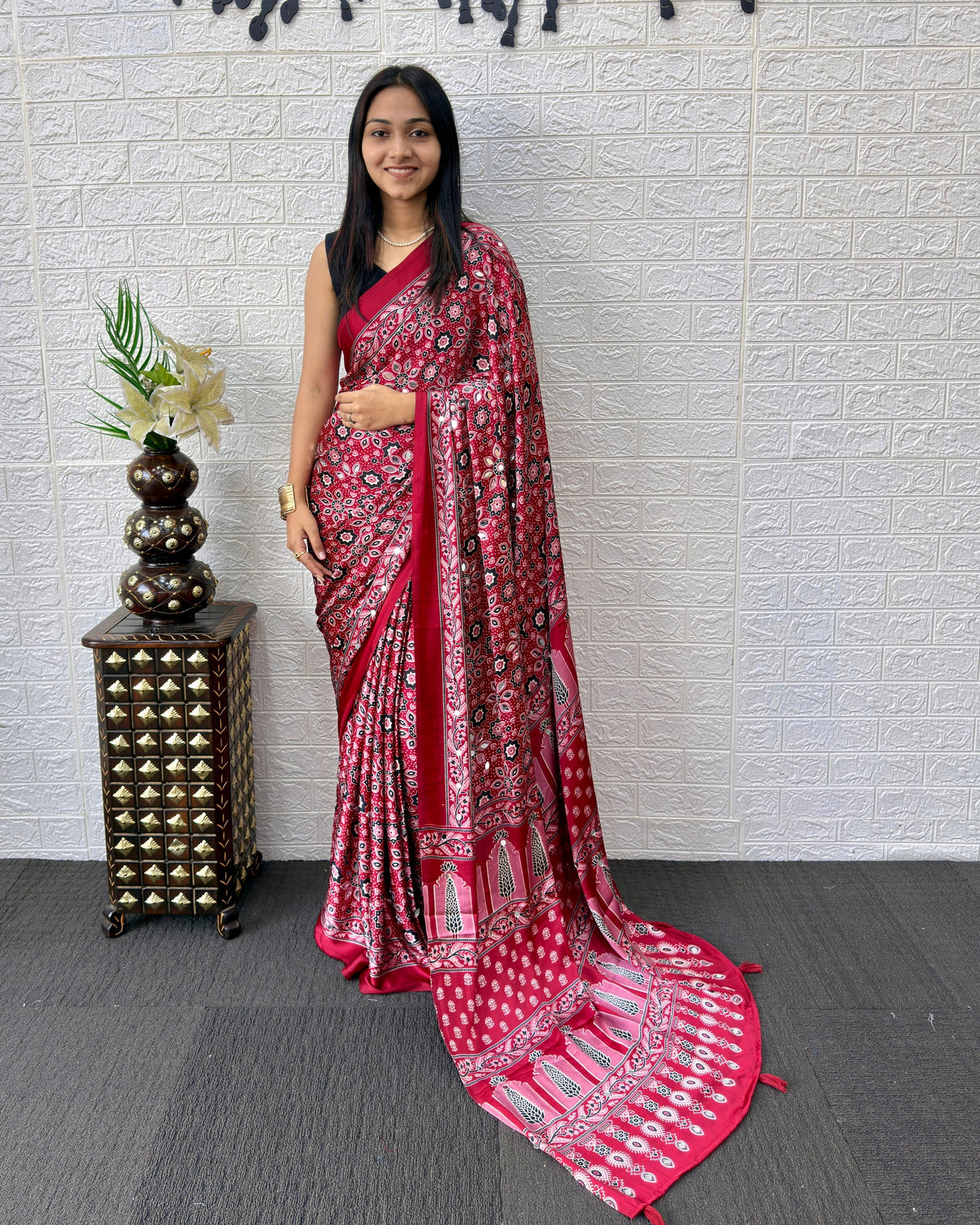 Red modal silk saree with geometric floral print heritage designer pallu festive party wear saree