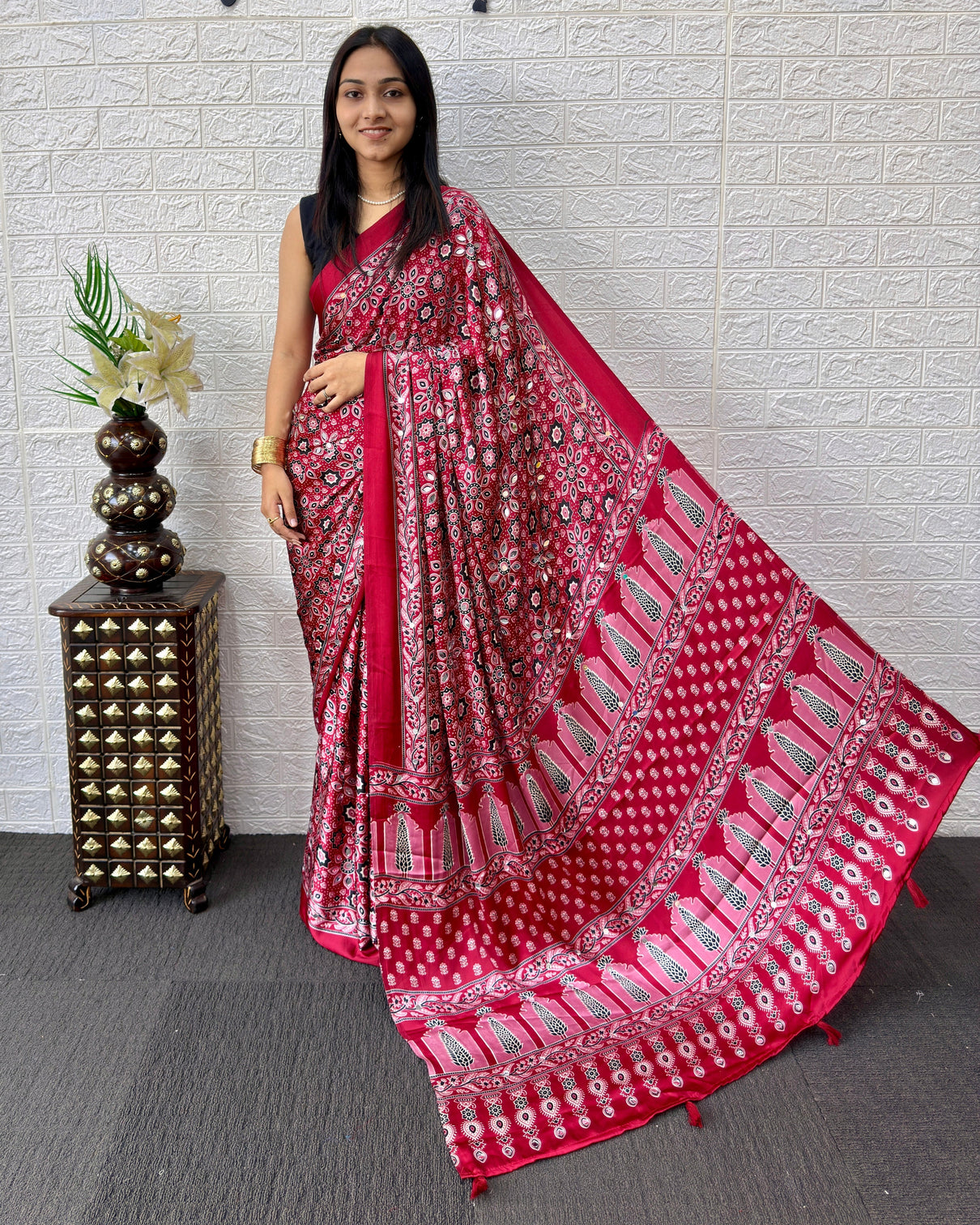 Red modal silk saree with geometric floral print heritage designer pallu festive party wear saree mameraa